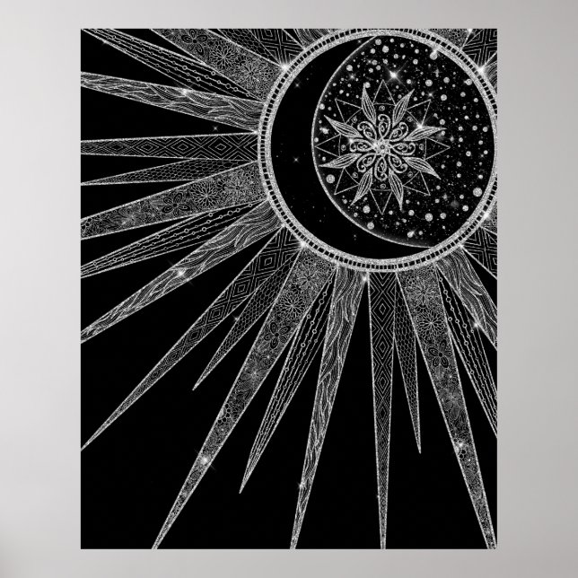 Affiche Elégant Silver Sun Moon Mandala Black Design (Devant)