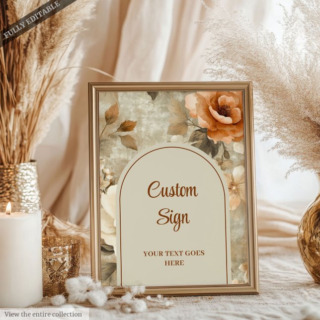 Affiche Elegant Terracotta Ivory Sage Floral Custom 8x10 (Elegant Terracotta Ivory Sage Floral Custom Event Sign)