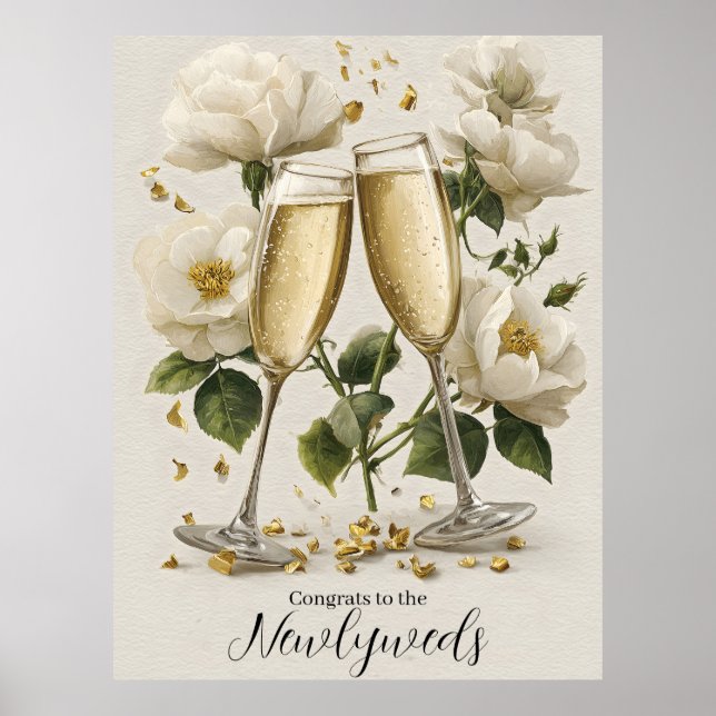 Affiche Elégant Toast de Champagne aux Roses Blanches (Devant)