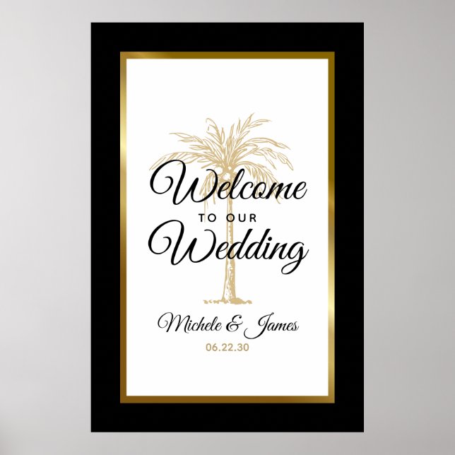 Affiche Elégant Tropical Gold Palm Tree Mariage Bienvenue (Devant)
