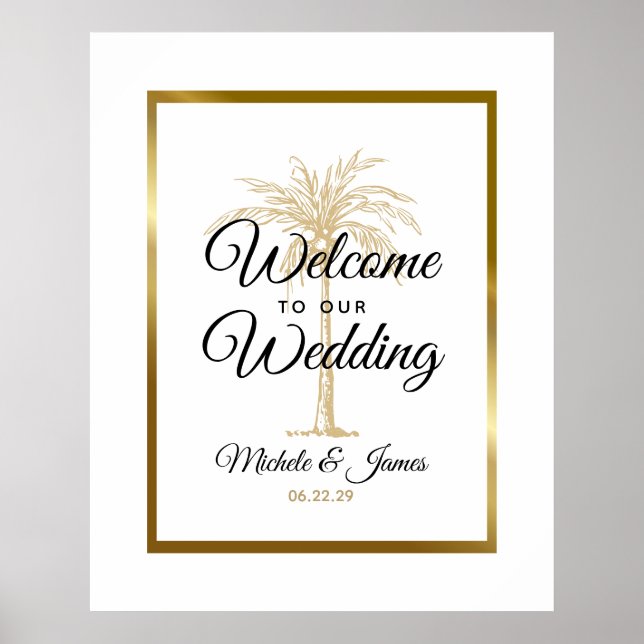 Affiche Elégant Tropical Gold Palm Tree Mariage Bienvenue (Devant)