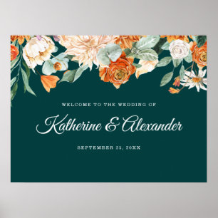 Affiche Elégant Turquoise Burnt Orange Floral Mariage Bien