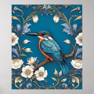 Affiche Élégant turquoise Kingfisher Bird Floral