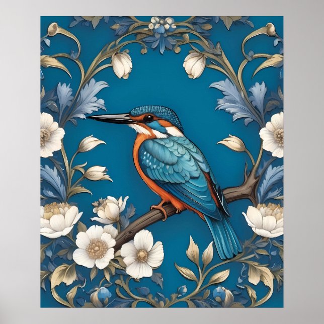 Affiche Élégant turquoise Kingfisher Bird Floral (Devant)