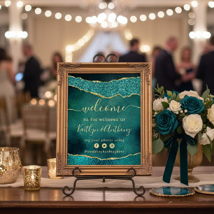 Affiche Elégant Turquoise & Or Agate Mariage Bienvenue