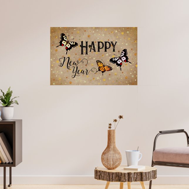 Affiche Elegant Typography Butterfly Stars Rustic New Year (Salon 3)