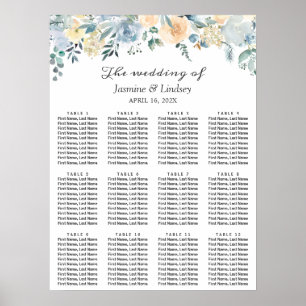 Affiche Elégant Vanilla Blue Floral Mariage Chart