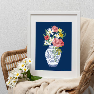 Affiche Élégant Vase De Poterie Bleue Et Fleurs Fleurissan