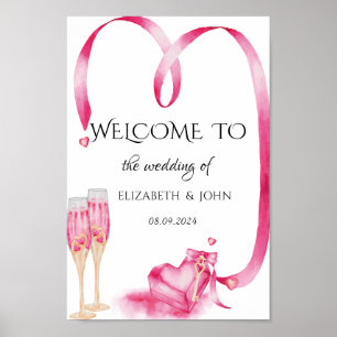 Affiche Élégant verre Champagne Coeurs rouges