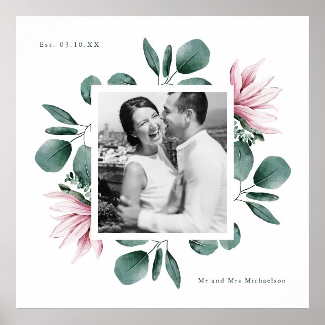 Affiche Elégant vert aquarelle cadre photo Mariage (Devant)