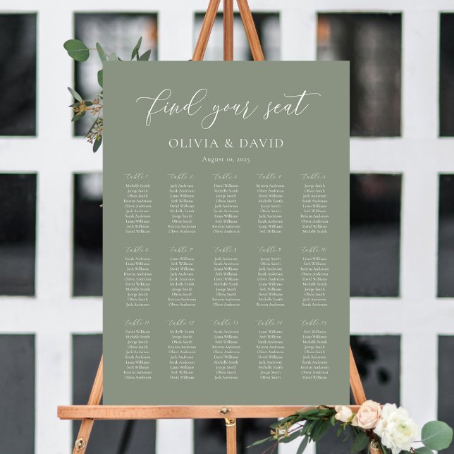 Affiche Élégant Vert Sauge Plan de table pour 15 tables (Sage Green Elegant 15 table Wedding Seating Chart)