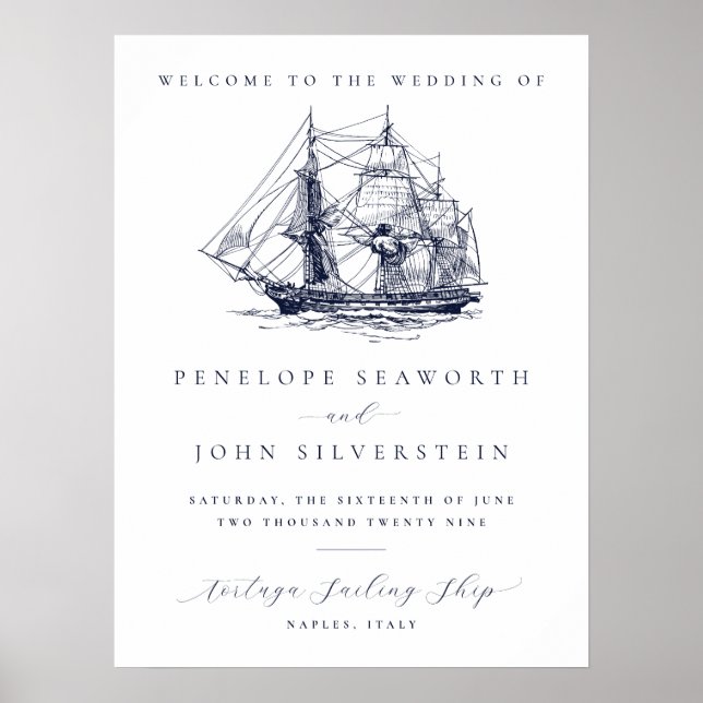 Affiche Elegant Vintage Nautical Ship Destination Wedding (Devant)