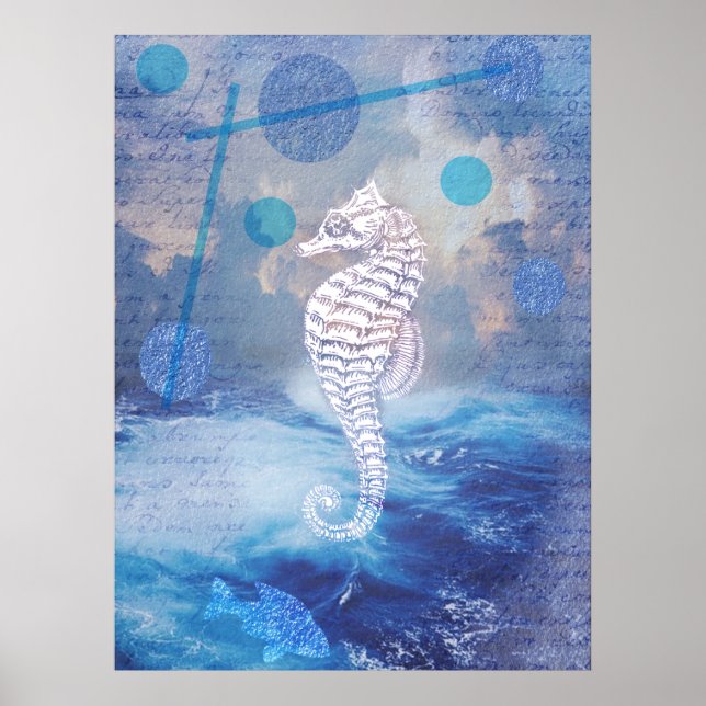 Affiche Elegant Vintage Seahorse Blue Ocean Waves (Devant)