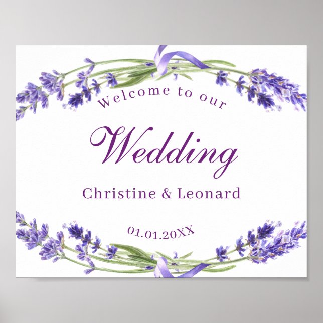 Affiche Elégant violet Lavander Fleurs Mariage Bienvenue (Devant)