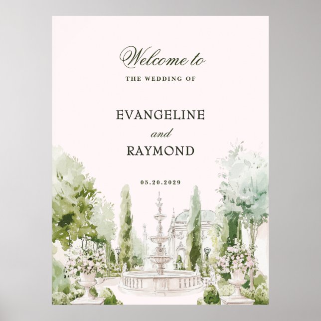 Affiche Elegant Watercolor Manor Garden Wedding (Devant)