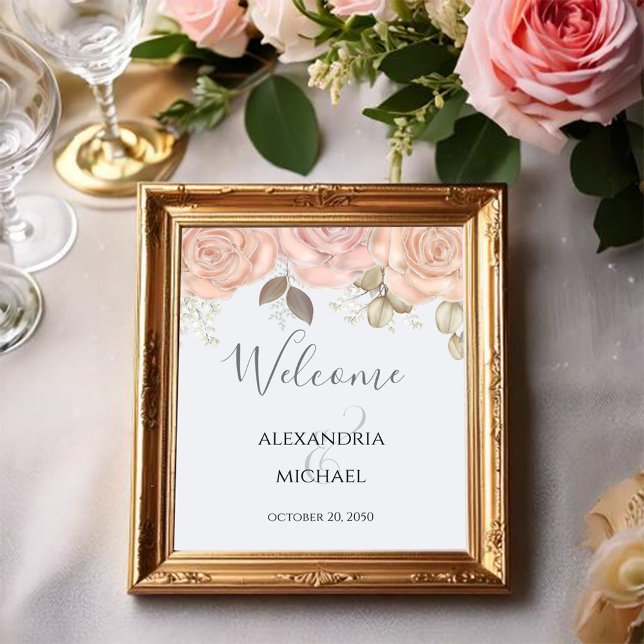 Affiche Elegant Watercolor Rose Gold Greenery Foliage (Blush pink and light blue wedding welcome sign)
