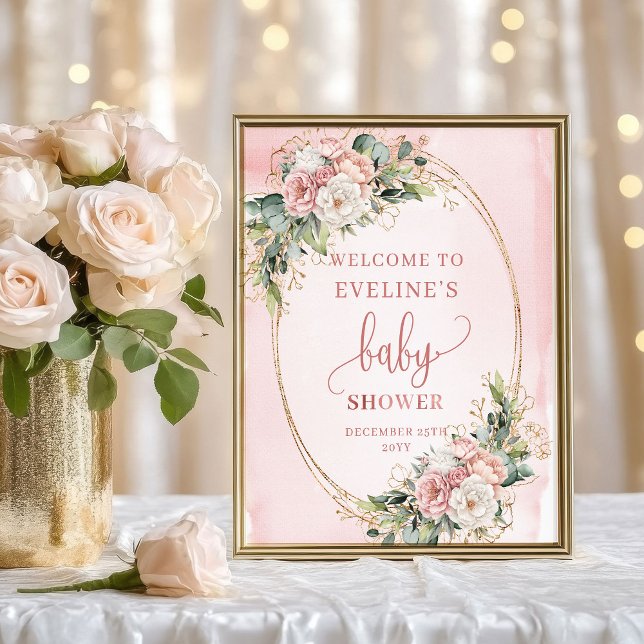 Affiche Elegant Welcome Rose Gold Floral Baby Shower Sign (Elegant Welcome Rose Gold Floral Baby Shower Sign)