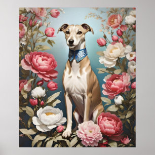 Affiche Elégant Whippet rose Peony Flowers Arrière - plan 