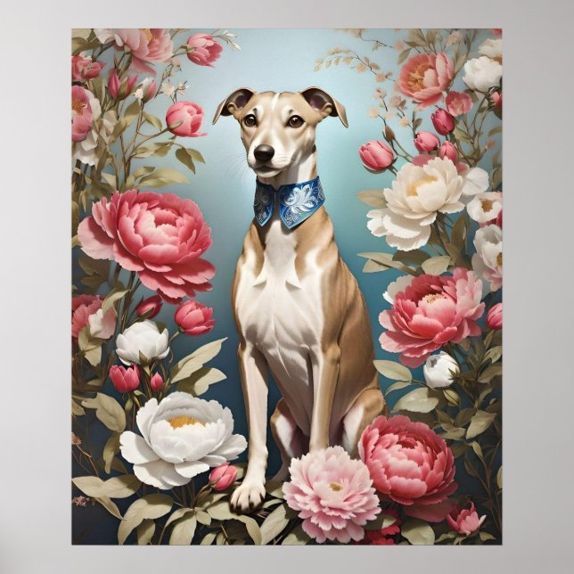 Affiche Elégant Whippet rose Peony Flowers Arrière - plan  (Devant)