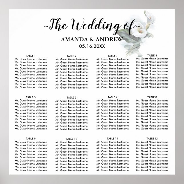 Affiche Elegant White Calla Lily Wedding Seating Chart (Devant)