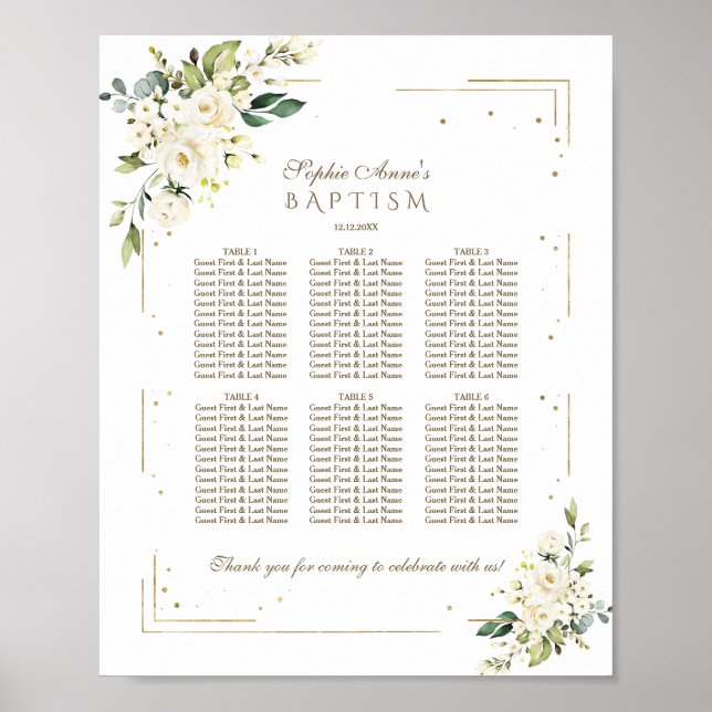 Affiche Elegant White Flowers Gold Baptism Seating Chart (Devant)