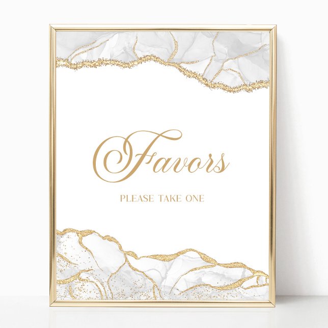 Affiche Elegant White Gold Agate Party Favors Sign (Créateur téléchargé)