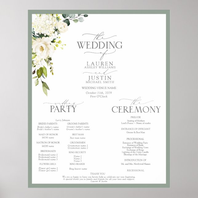Affiche Elegant White Gray Green Floral Watercolor Program (Devant)