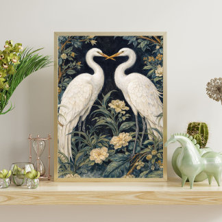 Affiche Elegant White Herons in Garden – Vintage Botanical