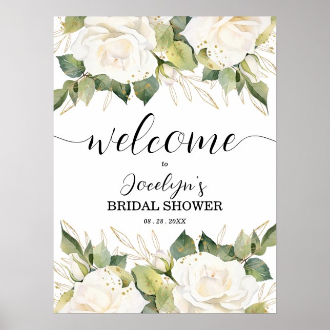 Affiche Elegant White Roses Bridal Shower Welcome (Devant)