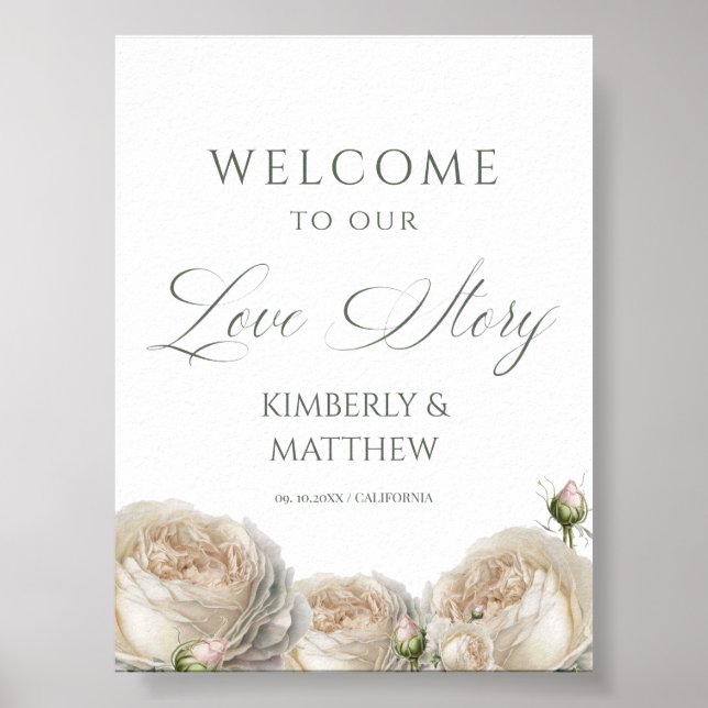 Affiche Elegant White Roses Welcome Wedding Sign (Devant)