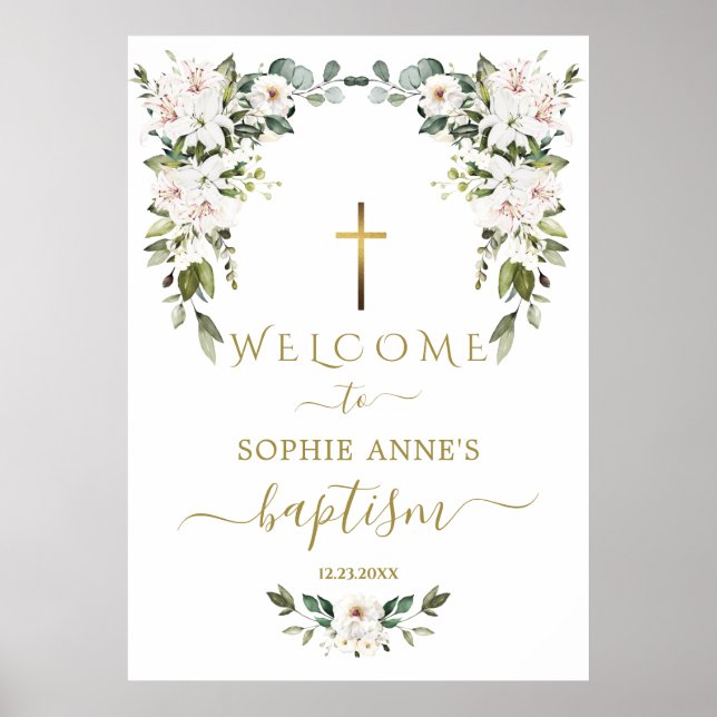 Affiche Elegant WhiteLily Wild Rose Welcome Baptism Sign (Devant)