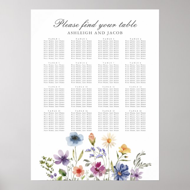 Affiche Elegant Wildflowers Spring Wedding Seating Chart (Devant)