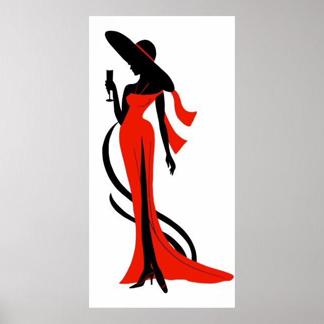 Affiche Elegant woman silhouette  red dress with wineglass (Devant)
