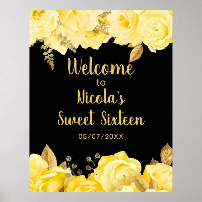 Affiche Elegant Yellow and Gold Flowers Sweet Sixteen (Devant)