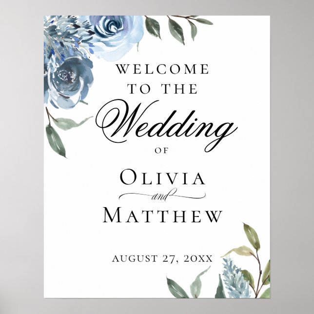 Affiche Élégante Accueil de Mariage Botanique Bleu Poussié (Devant)