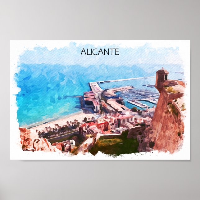 Affiche Elégante Alicante Espagne Panorama Aquarelle (Devant)