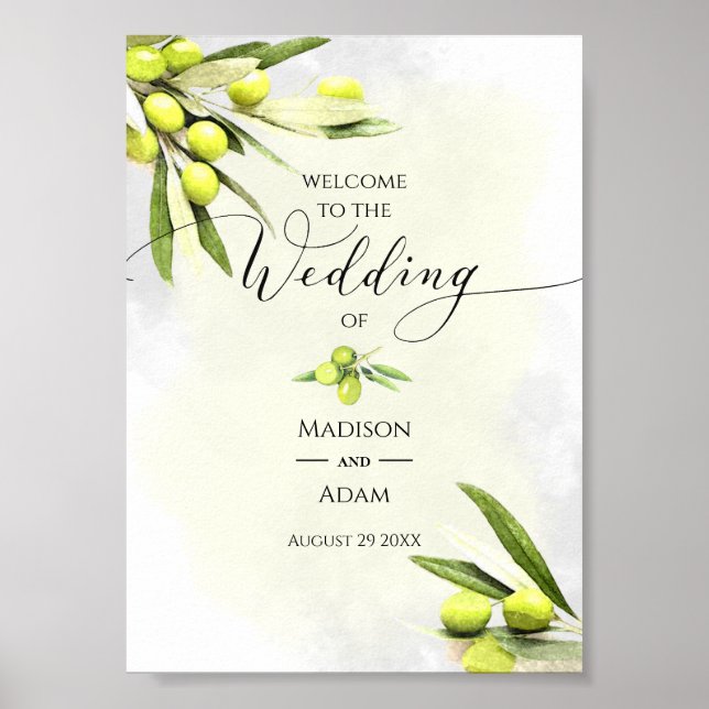 Affiche Elégante aquarelle Branches d'olive Mariage (Devant)