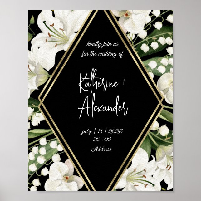 Affiche Elégante aquarelle florale noir et blanc (Devant)