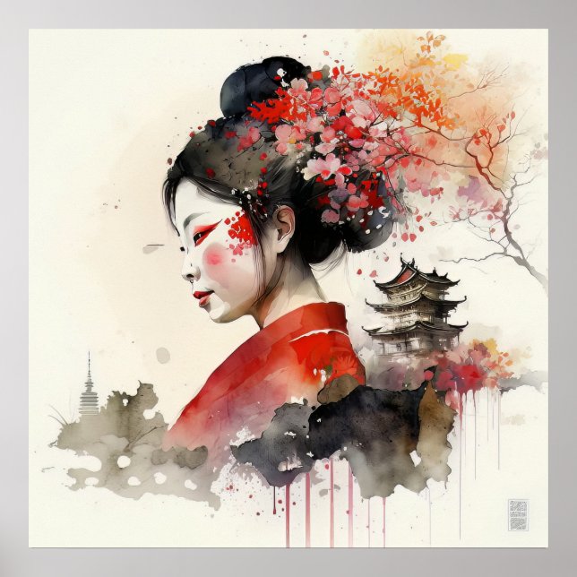 Affiche Elégante aquarelle Geisha Portrait (Devant)