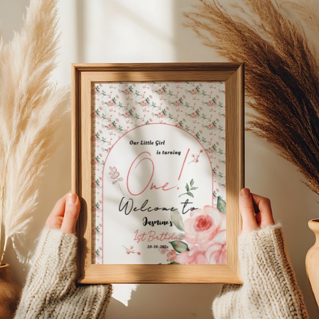 Affiche Elégante aquarelle Rose fille 1er anniversaire Bie (Créateur téléchargé)