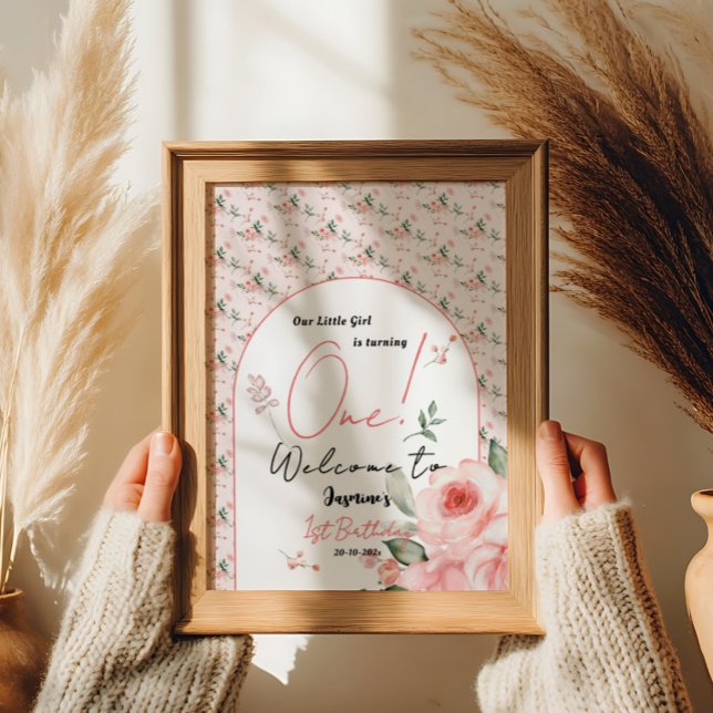 Affiche Elégante aquarelle Rose fille 1er anniversaire Bie (Créateur téléchargé)