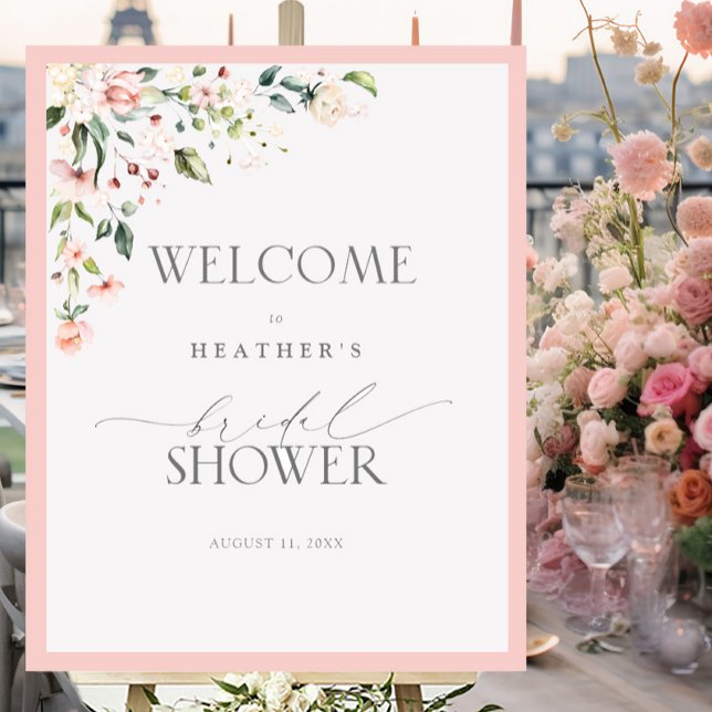 Affiche Elégante Aquarelle rose Floral Douche Bienvenue (Créateur téléchargé)
