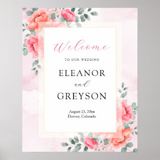 Affiche Elégante aquarelle rose vif mariage bienvenue