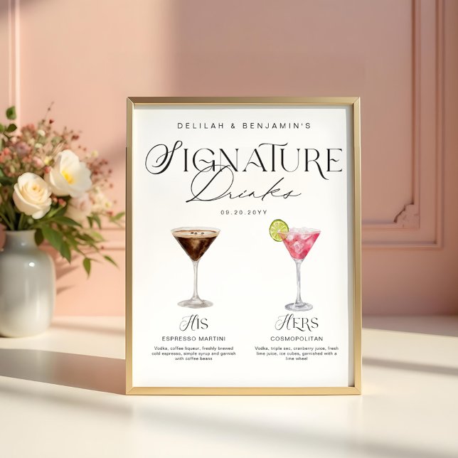 Affiche Elégante aquarelle Sa signature Boisson Mariage (Elegant Watercolor His Her Signature Drink Wedding Poster)