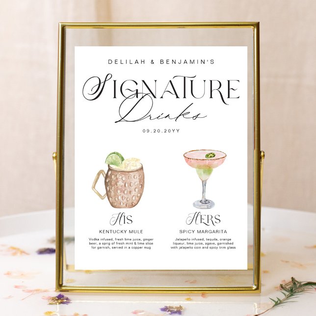 Affiche Elégante aquarelle Sa signature Boisson Mariage (Elegant Watercolor His Her Signature Drink Wedding Poster)