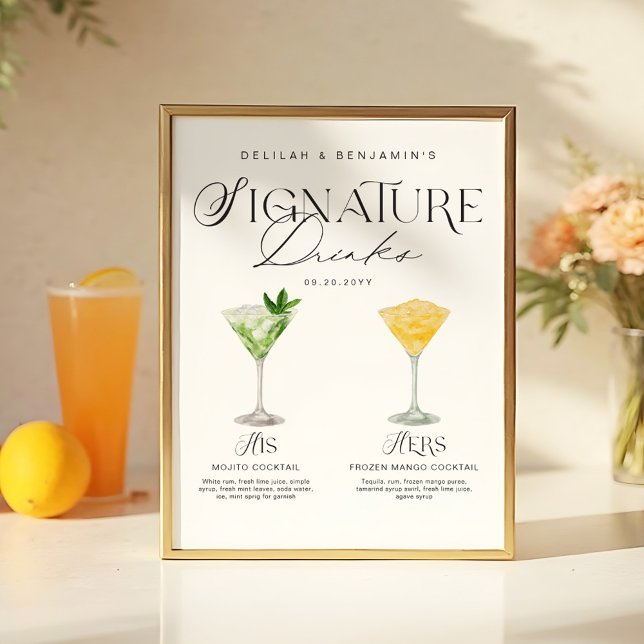 Affiche Elégante aquarelle Sa signature Boisson Mariage (Elegant Watercolor His Her Signature Drink Wedding Poster)