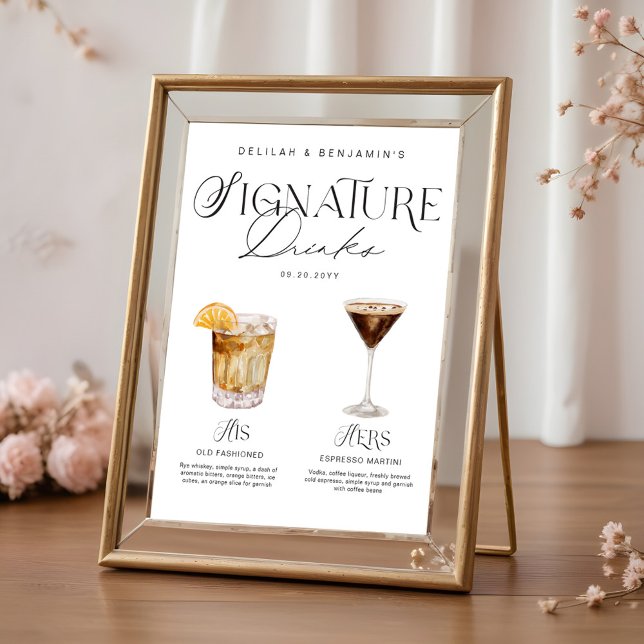 Affiche Elégante aquarelle Sa signature Boisson Mariage (Elegant Watercolor His Her Signature Drink Wedding Poster)