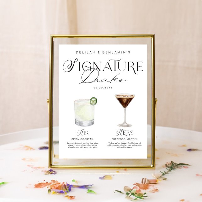 Affiche Elégante aquarelle Sa signature Boisson Mariage (Elegant Watercolor His Her Signature Drink Wedding Poster)
