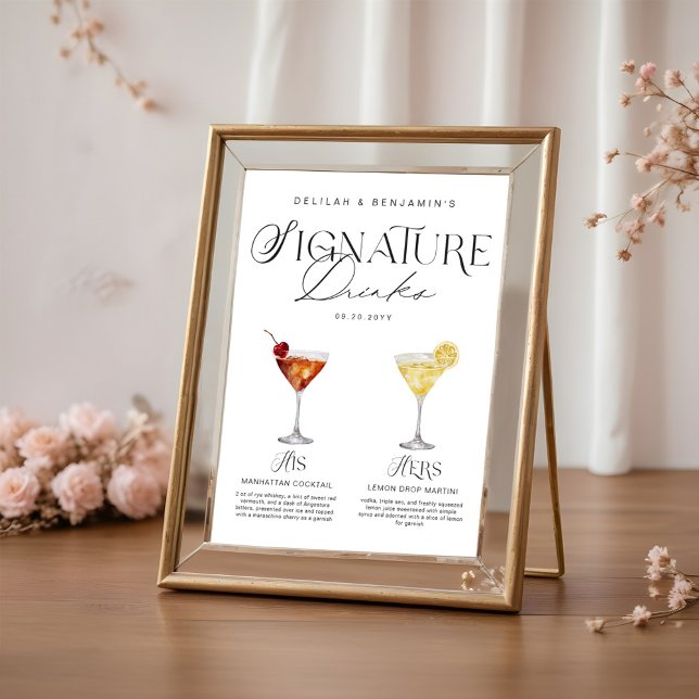 Affiche Elégante aquarelle Sa signature Boisson Mariage (Elegant Watercolor His Her Signature Drink Wedding Poster)