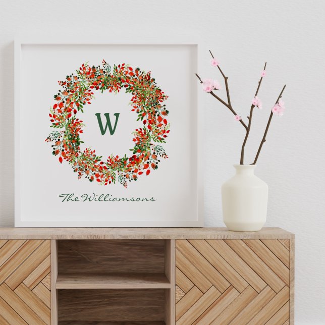 Affiche Elégante aquarelle verte Wreath Monogramme personn (Créateur téléchargé)